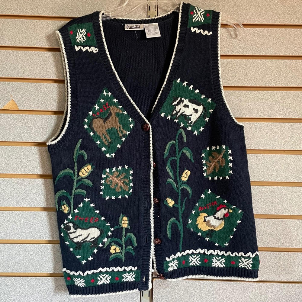 VTG 90s Capacity Farm Animal Knit Sweater Vest Medium Grandma Core Cute Cozy‎